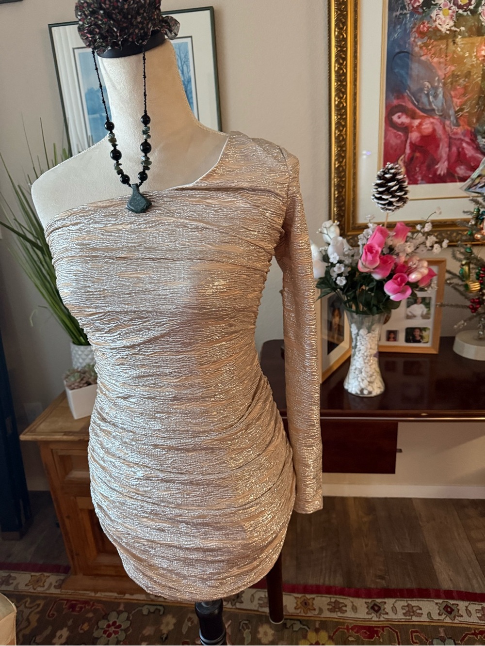 Metallic One-Shoulder Ruched Mini Dress - Gold - Picture 2 of 5